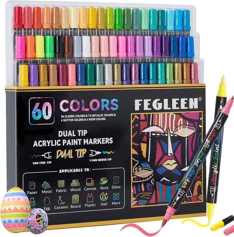 FEGLEEN 60 لون من علامات الطلاء الأكريليكي، أقلام طلاء أكريليكي ذات طرفين تحتوي على 12 لون معدني و6 ألوان لامعة و6 علامات نيون للرسم على الصخور، البيض، الخشب، الزجاج، القماش، السيراميك، الحرف، مستلزمات الفن - Image 1